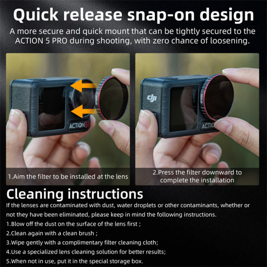 Action 5 pro filter sets various filters available:ND8 ND16 ND32 CPL